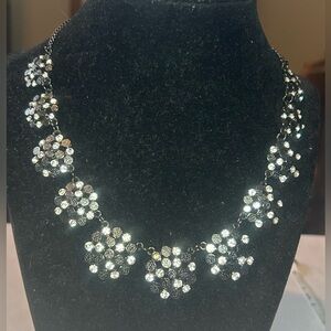 Crystal Floral Cluster Necklace - Black with Crystals.